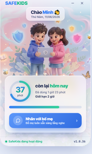 Ứng dụng SafeKids chạy trên máy tính của con, hiển thị thời gian còn lại trong ngày