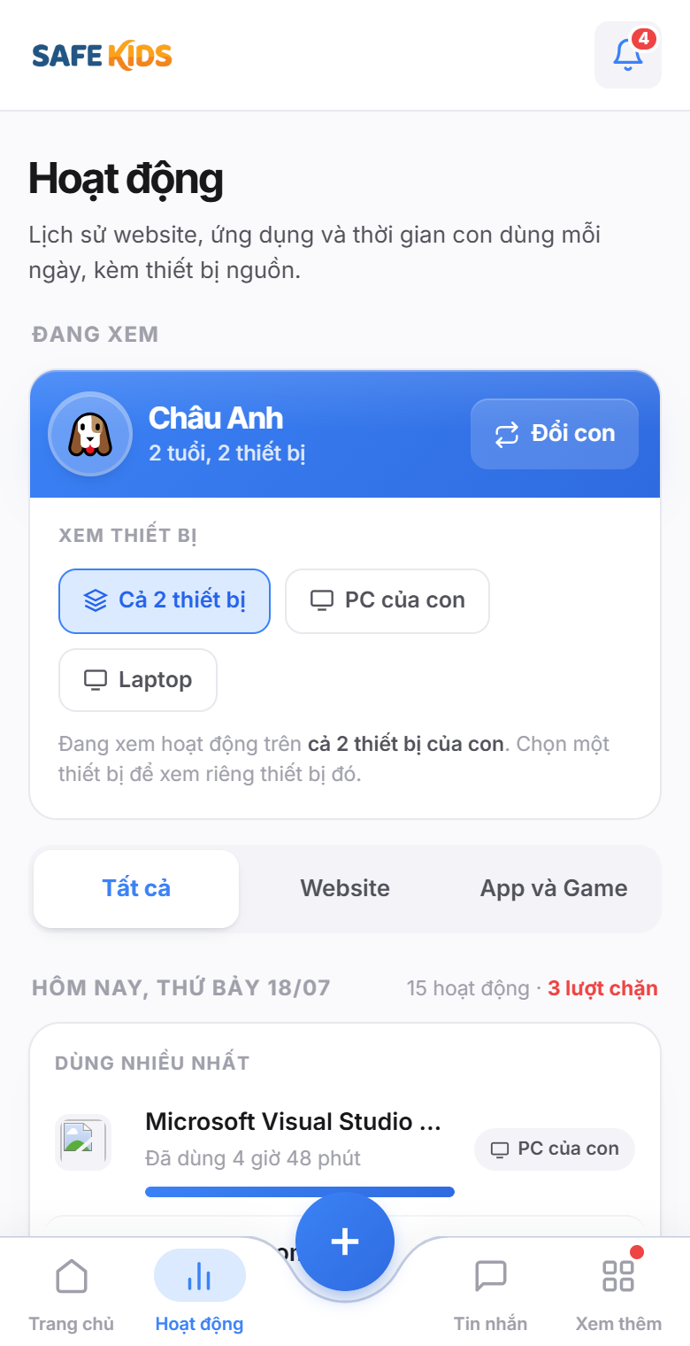 Màn hình Hoạt động của SafeKids: lịch sử web, ứng dụng và thời gian sử dụng theo ngày