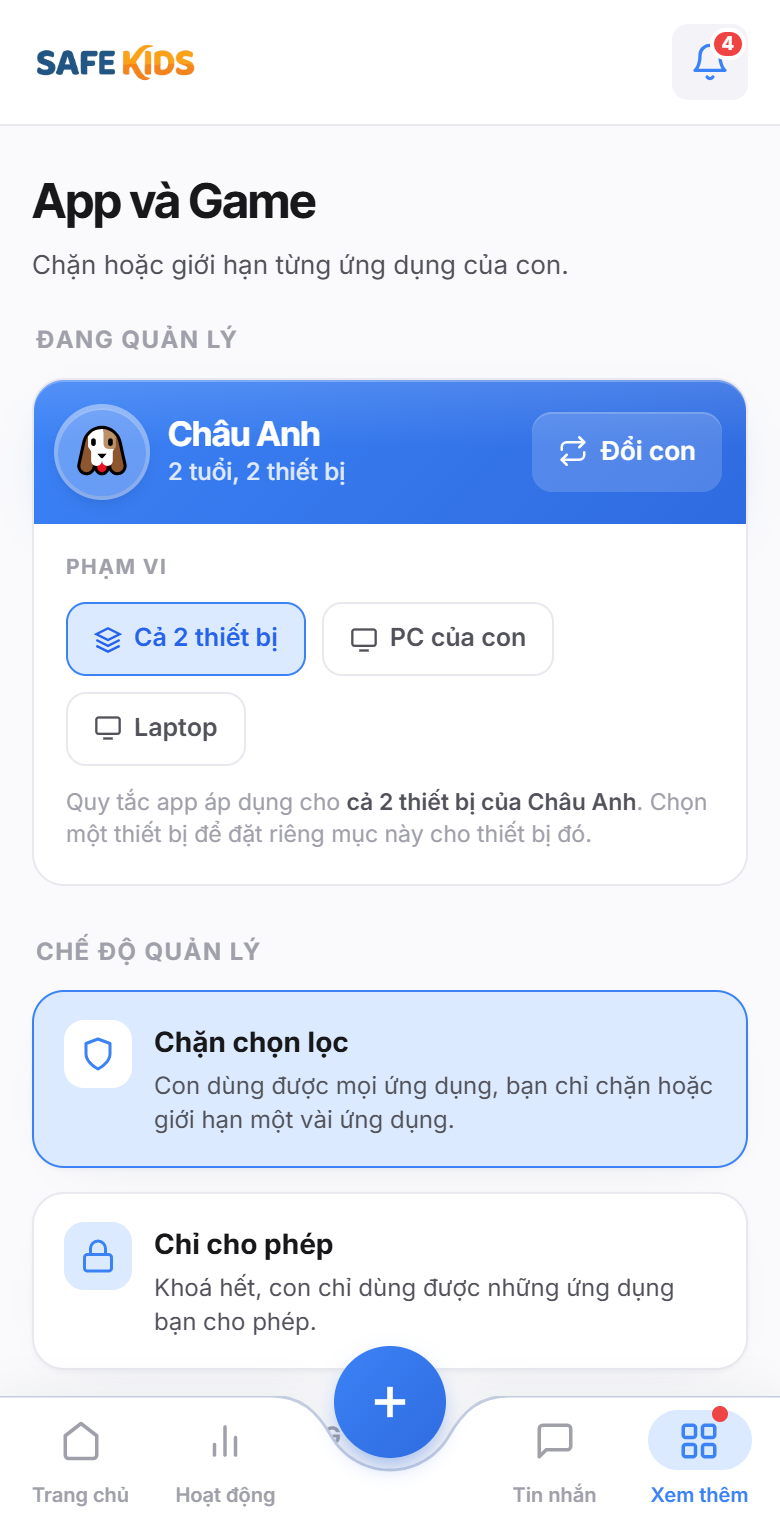 Màn hình App và Game của SafeKids: chế độ quản lý và danh sách ứng dụng trên máy con