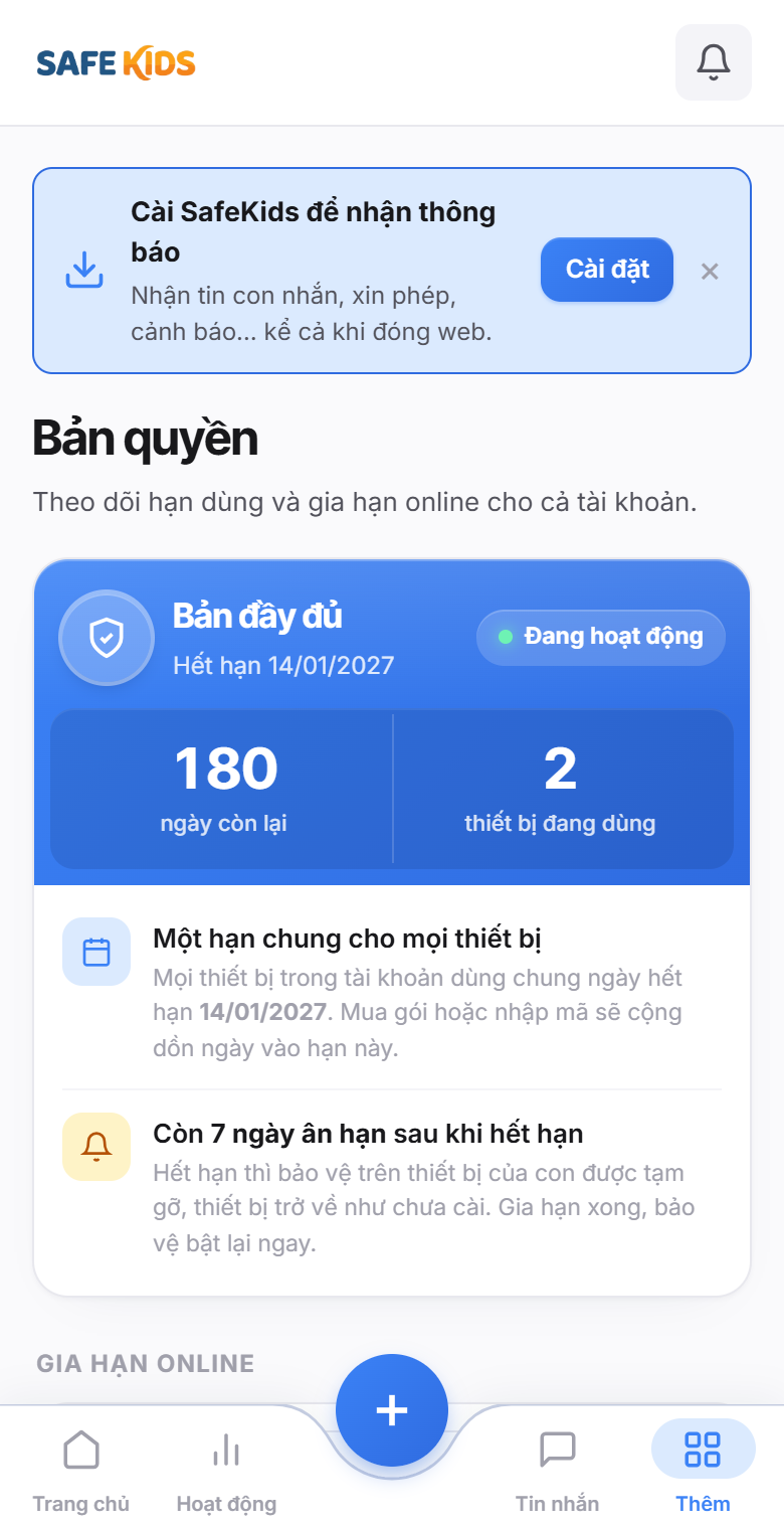Màn hình bản quyền trong SafeKids: hạn dùng của từng máy và nút gia hạn