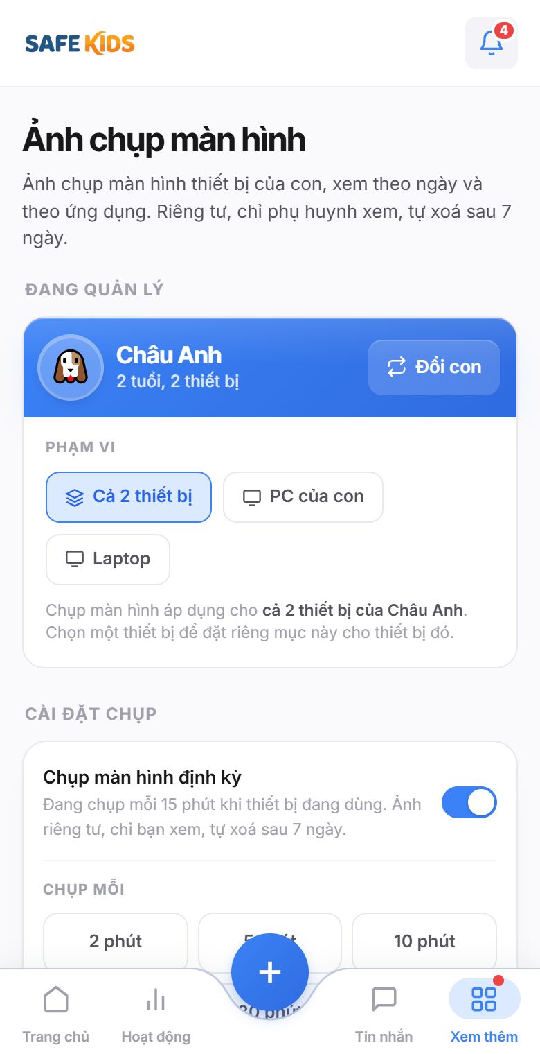 Màn hình Ảnh chụp của SafeKids: xem ảnh chụp màn hình máy con, ảnh tự xoá sau 7 ngày