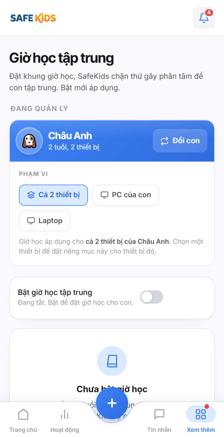 Màn hình Học tập tập trung của SafeKids: đặt khung giờ học chặn game và mạng xã hội