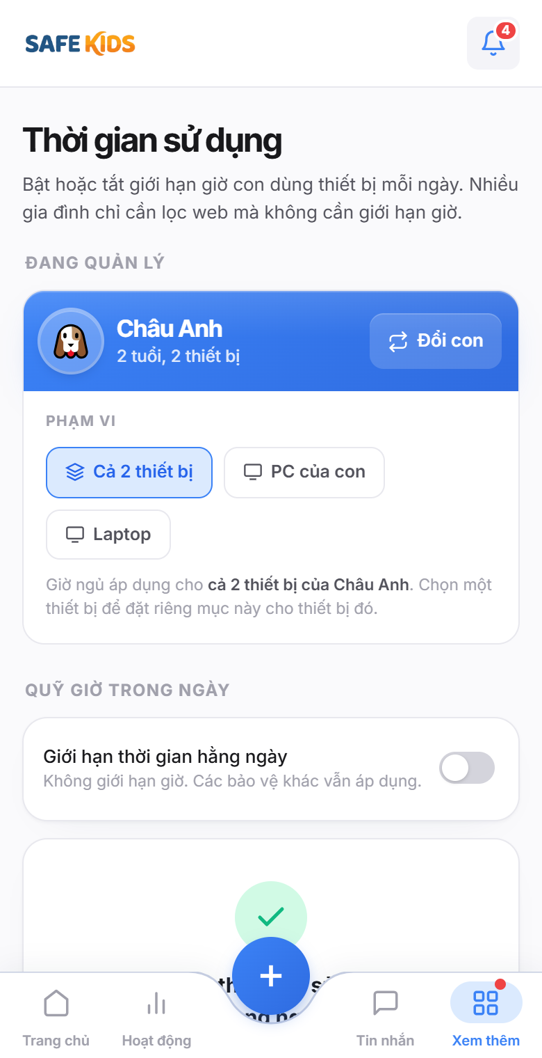 Màn hình Thời gian của SafeKids: quỹ giờ mỗi ngày và khung giờ đi ngủ tự khoá máy