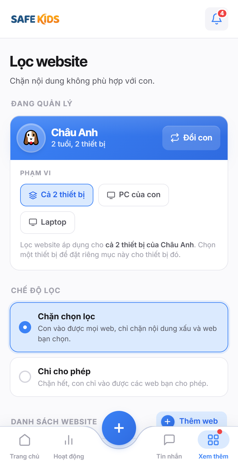Màn hình Lọc website của SafeKids: chế độ Chặn chọn lọc và Chỉ cho phép, danh sách website bị chặn