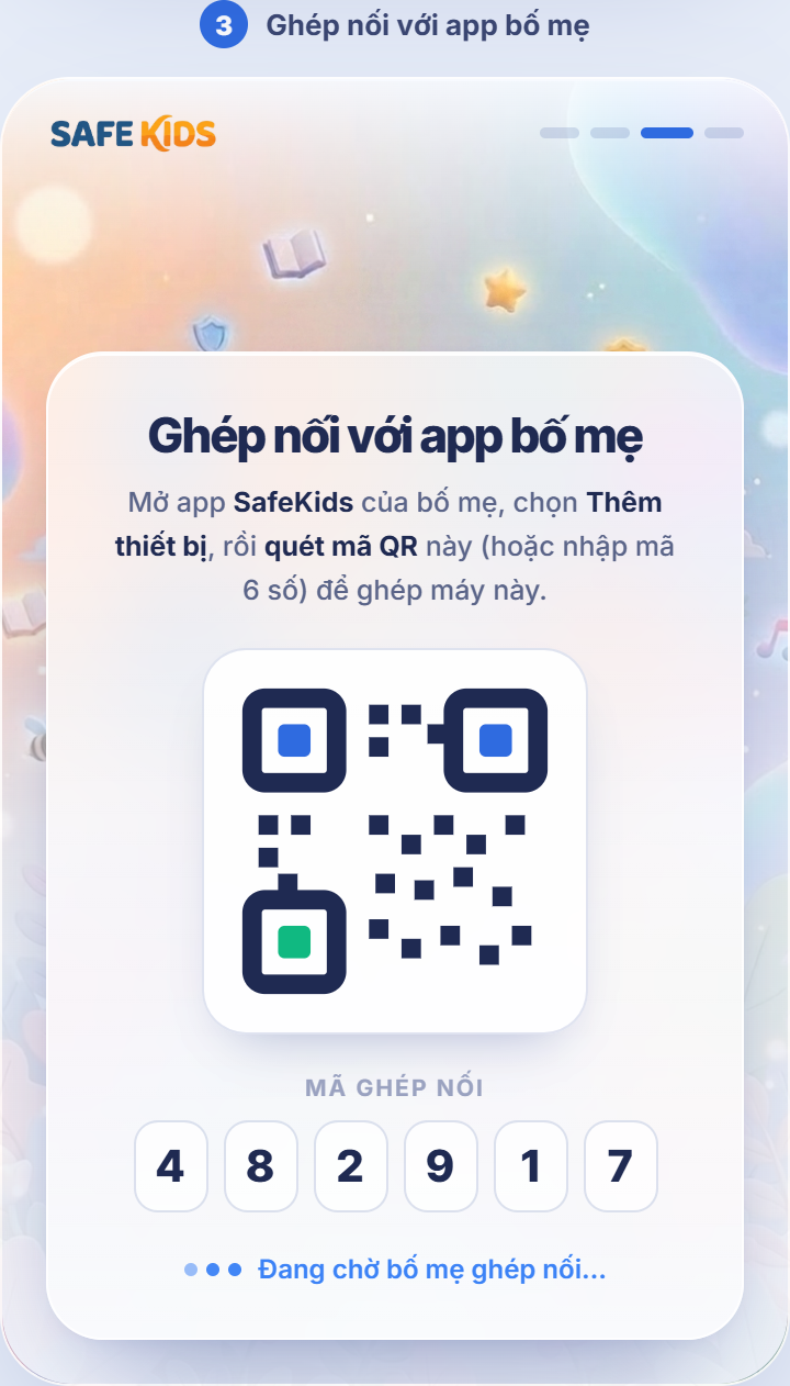 Màn hình ghép nối trên máy tính của con: mã QR và mã 6 số hiện sau khi cài SafeKids
