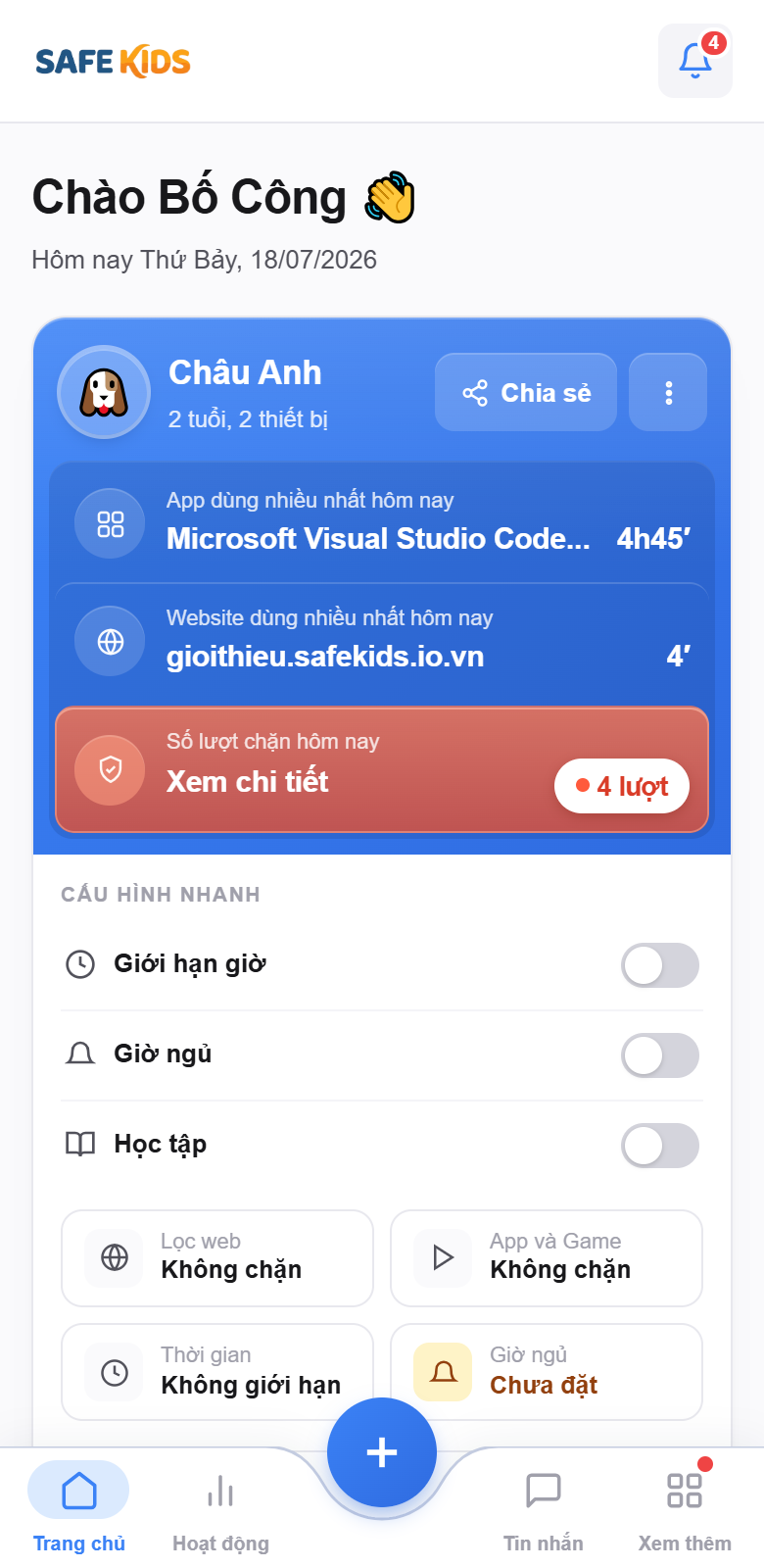 Trang quản trị SafeKids trên điện thoại của phụ huynh: theo dõi thời gian, chặn web và ứng dụng từ xa